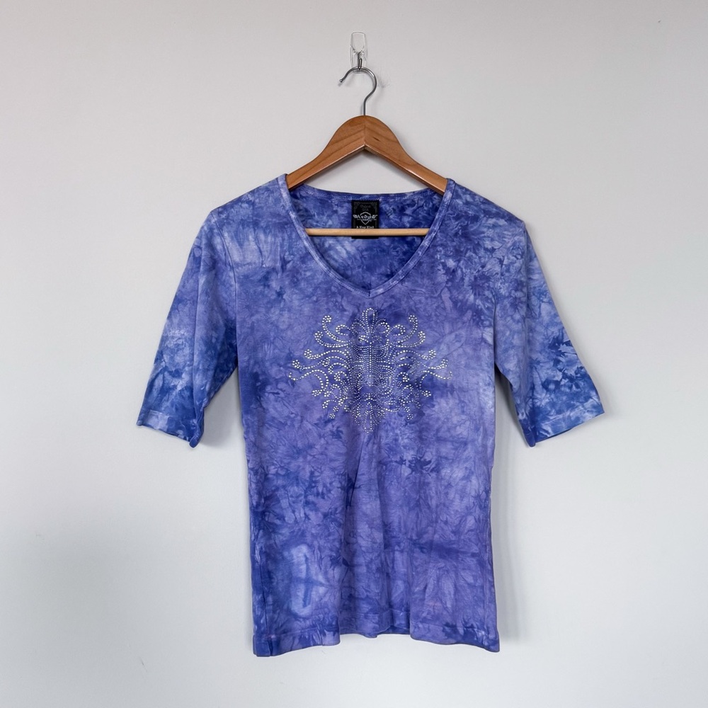 Sledge V-Neck T-Shirt Womens L Blue/Purple Bling Tie Dye Y2K Style Biker Grunge